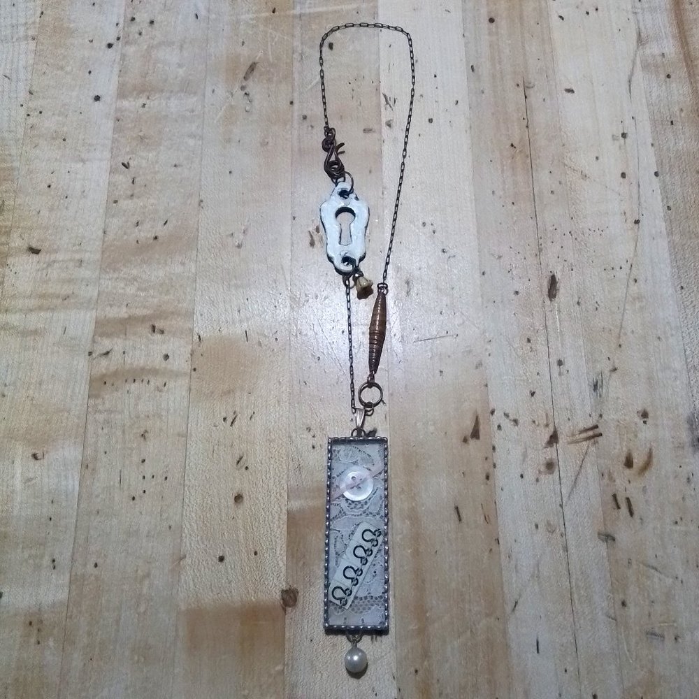 Handmade Assemblage Necklace Mixed Media Shabby Cottagecore Jewelry